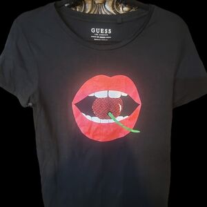 Guess Black Tee with Red Lips Graphic